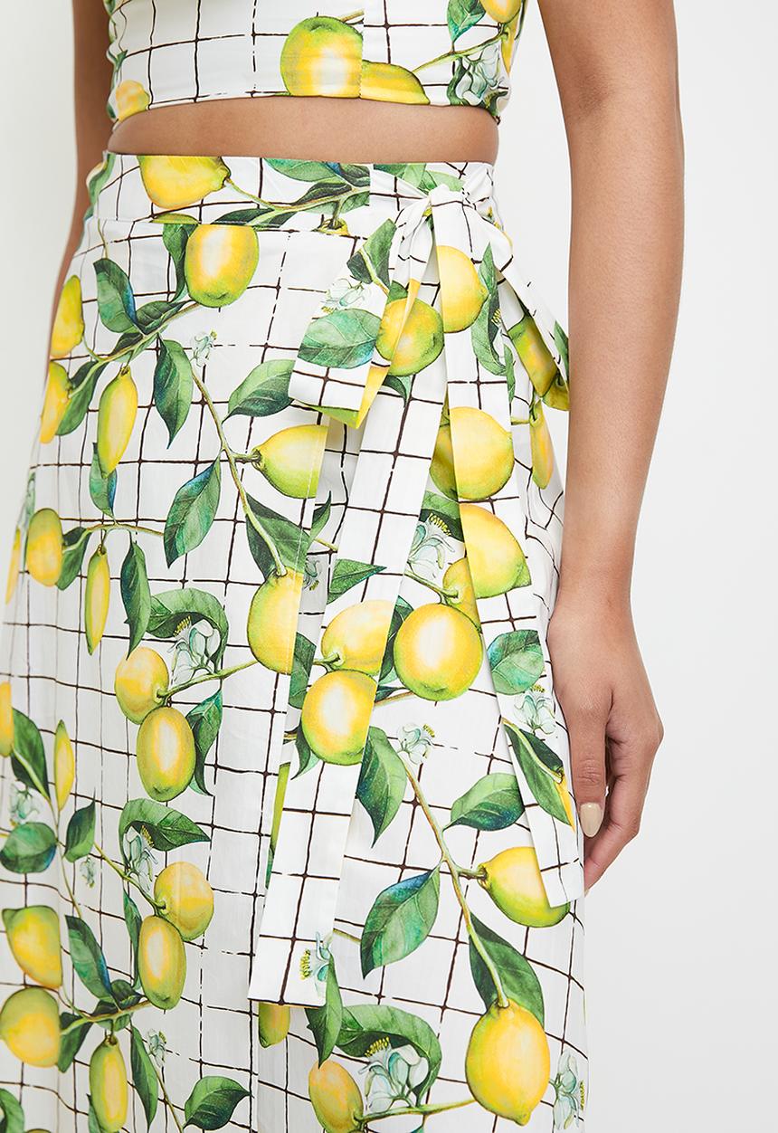 MILLA - Cotton printed wrap skirt (co-ord) - lemon grid aop