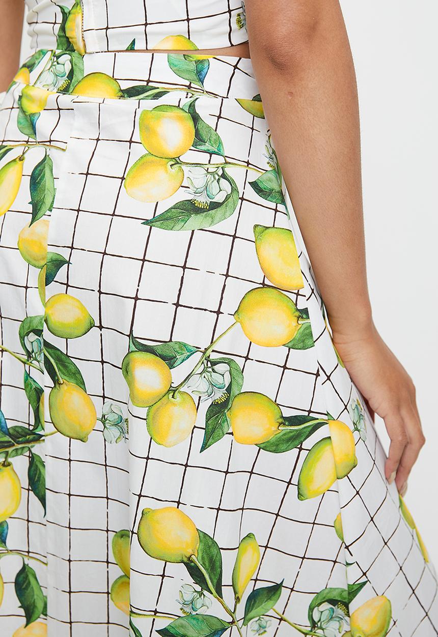 MILLA - Cotton printed wrap skirt (co-ord) - lemon grid aop