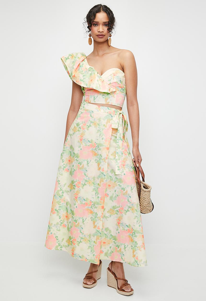MILLA - Cotton printed wrap skirt (co-ord) - pastel soft focus floral aop