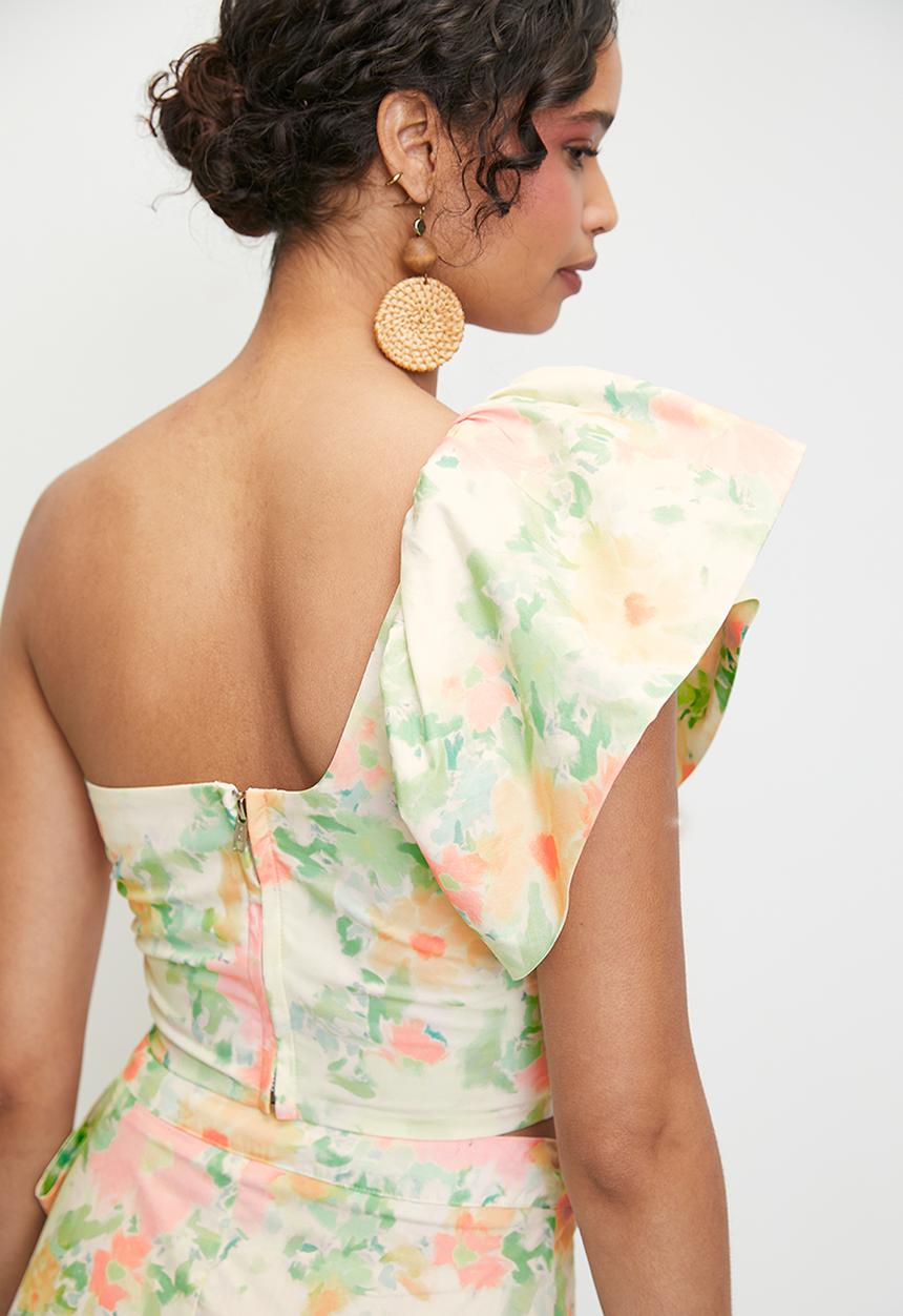MILLA - Co-ord bubble sleeve top - soft abstract watercolour