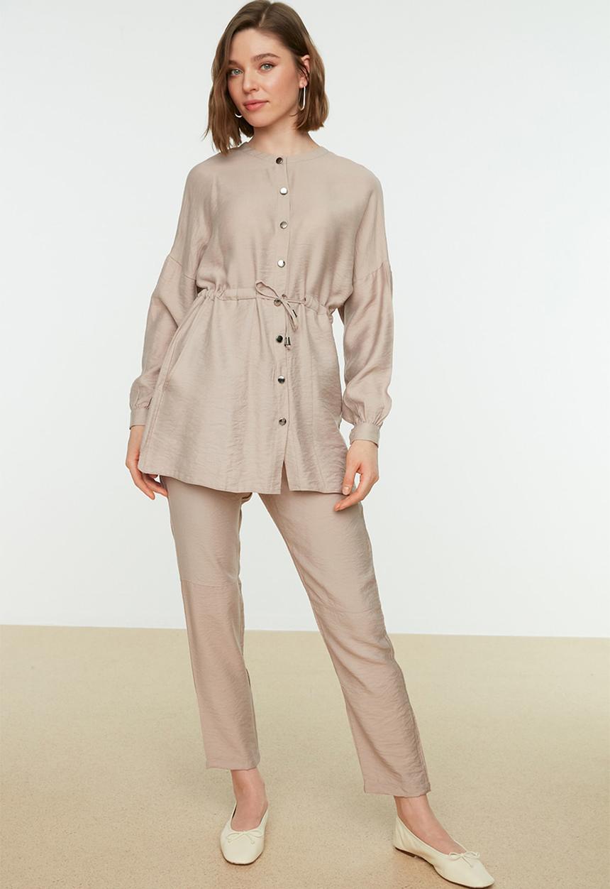 Trendyol - Tie Waist Shirt-Pants Weave Suit - Beige