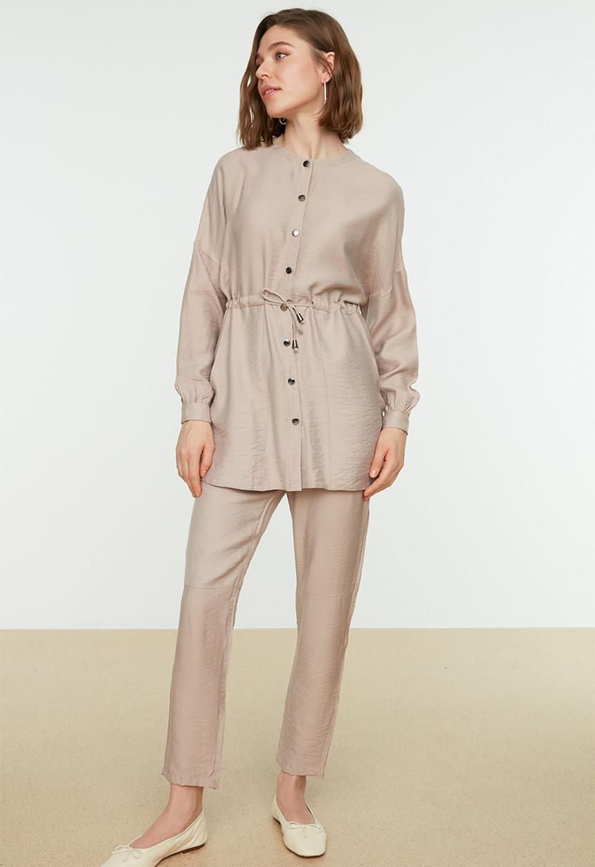 Trendyol - Tie Waist Shirt-Pants Weave Suit - Beige