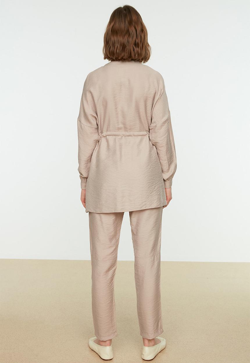 Trendyol - Tie Waist Shirt-Pants Weave Suit - Beige