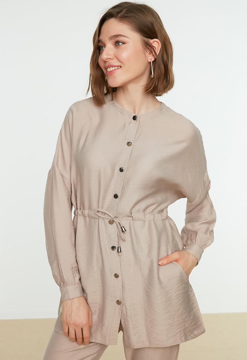 Trendyol - Tie Waist Shirt-Pants Weave Suit - Beige