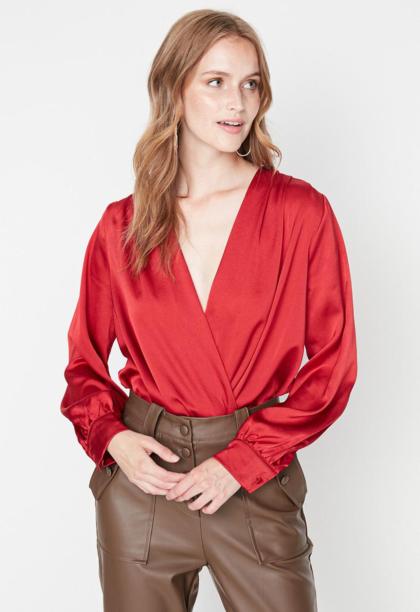 Trendyol - Satin Double Breasted Neck Woven Bodysuit - Burgundy