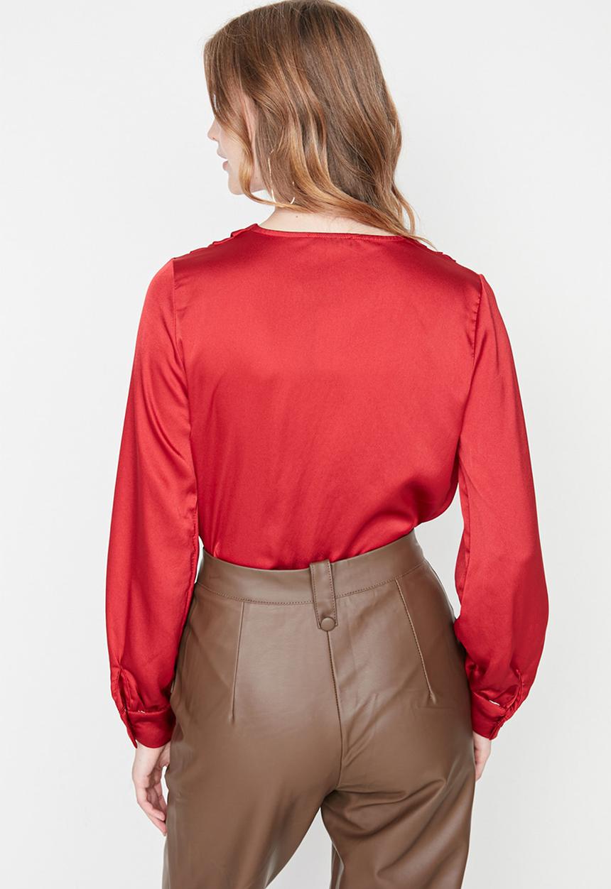Trendyol - Satin Double Breasted Neck Woven Bodysuit - Burgundy
