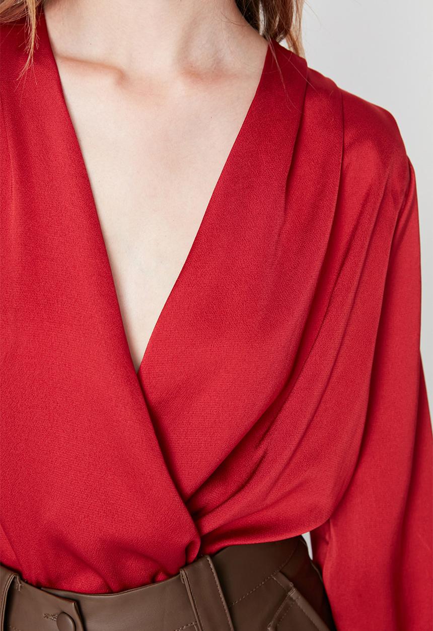 Trendyol - Satin Double Breasted Neck Woven Bodysuit - Burgundy