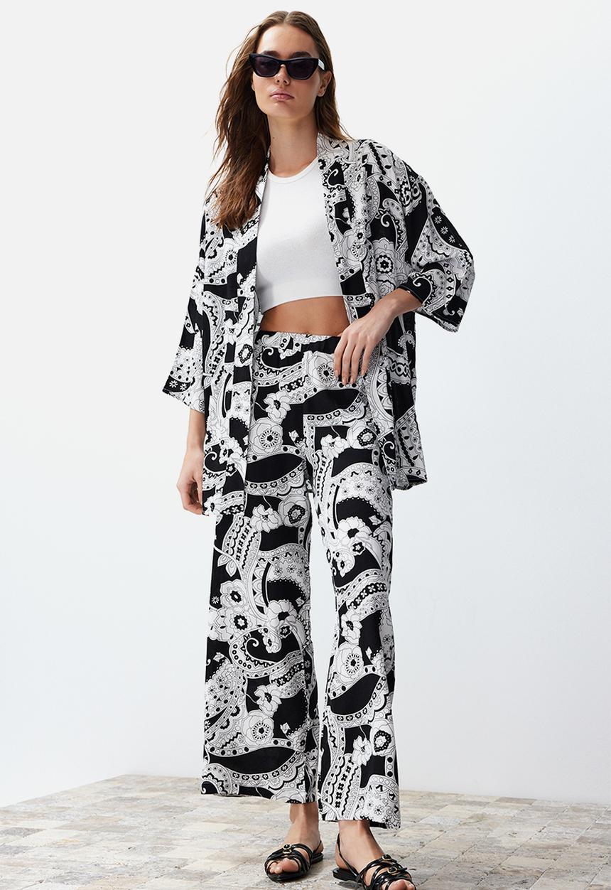 Trendyol - Patterned Kimono Trousers Woven Bottom & Top Set - Black