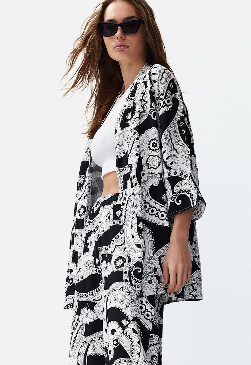 Trendyol - Patterned Kimono Trousers Woven Bottom & Top Set - Black