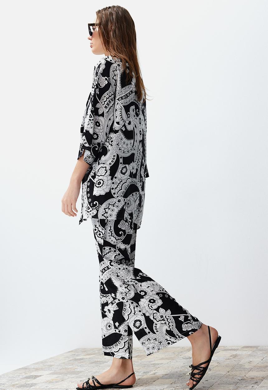 Trendyol - Patterned Kimono Trousers Woven Bottom & Top Set - Black