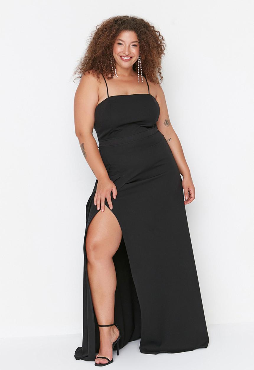 Trendyol - Plus Woven Slit and Slim Adjustable Strap Evening  Dress - Black