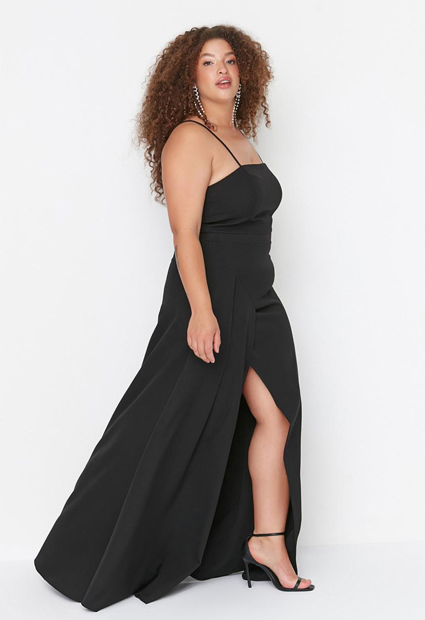 Trendyol - Plus Woven Slit and Slim Adjustable Strap Evening  Dress - Black
