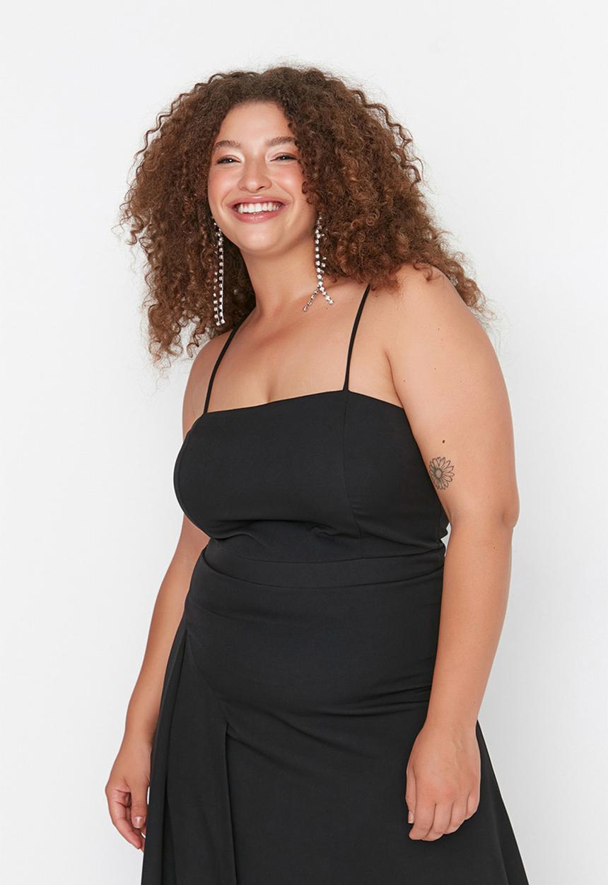 Trendyol - Plus Woven Slit and Slim Adjustable Strap Evening  Dress - Black