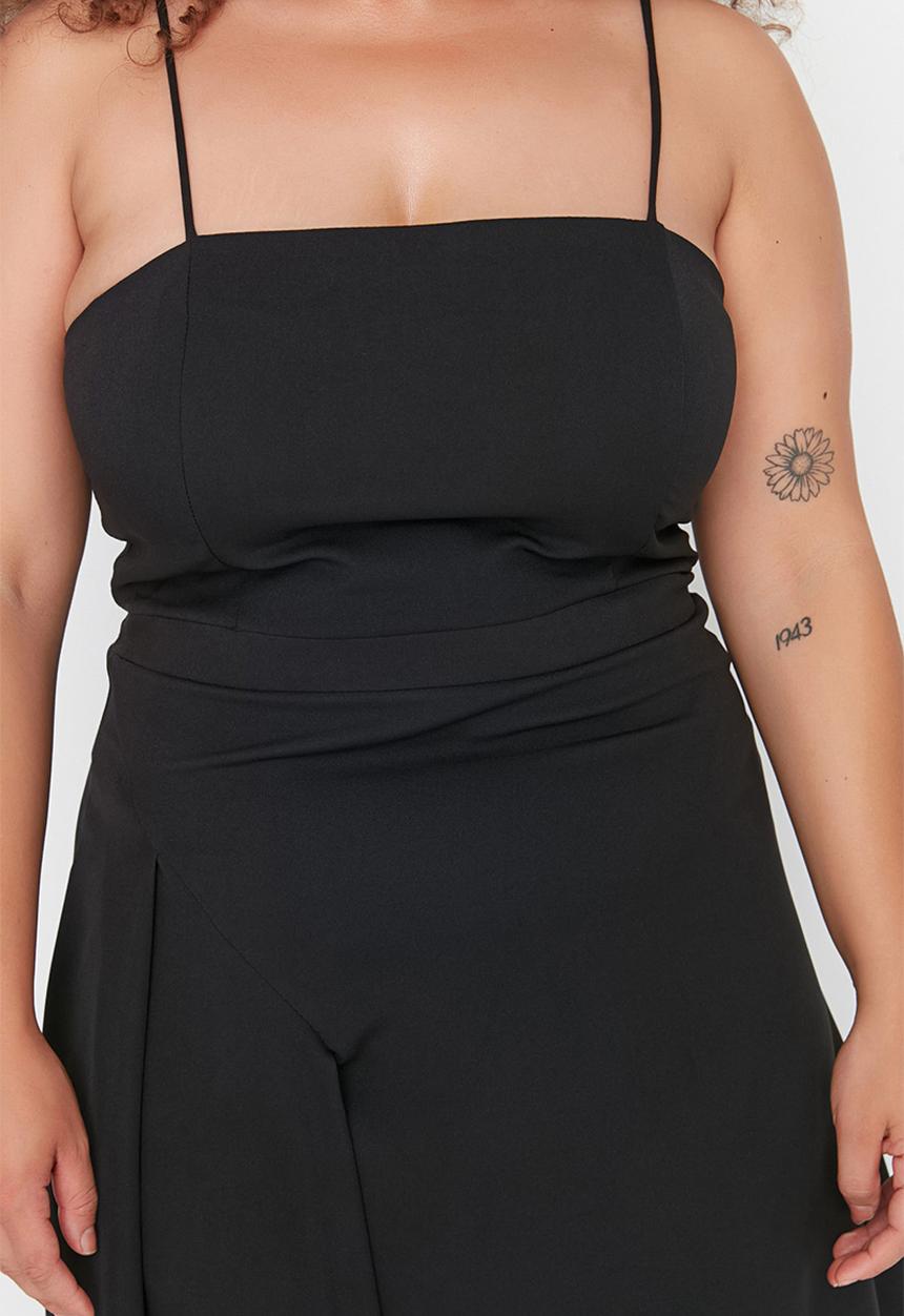 Trendyol - Plus Woven Slit and Slim Adjustable Strap Evening  Dress - Black