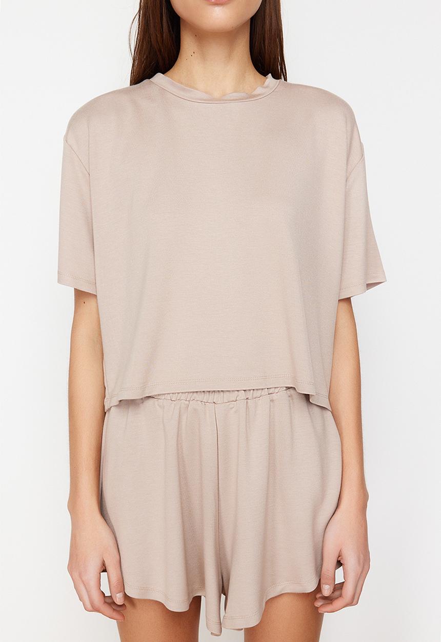 Trendyol - Soft touch tee and short knitted two piece set - beige