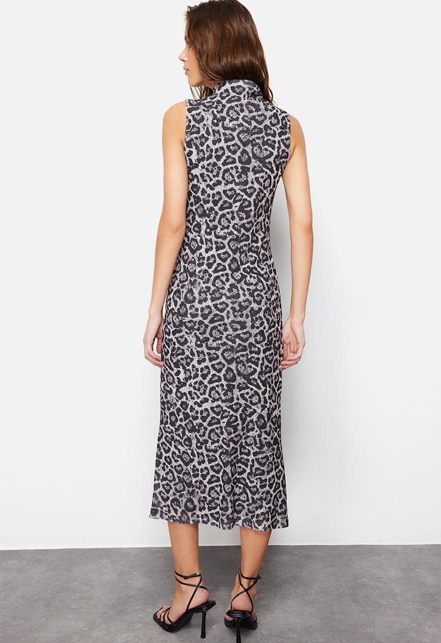 Trendyol - Leopard textured high collar knitted midi pencil dress - anthracite