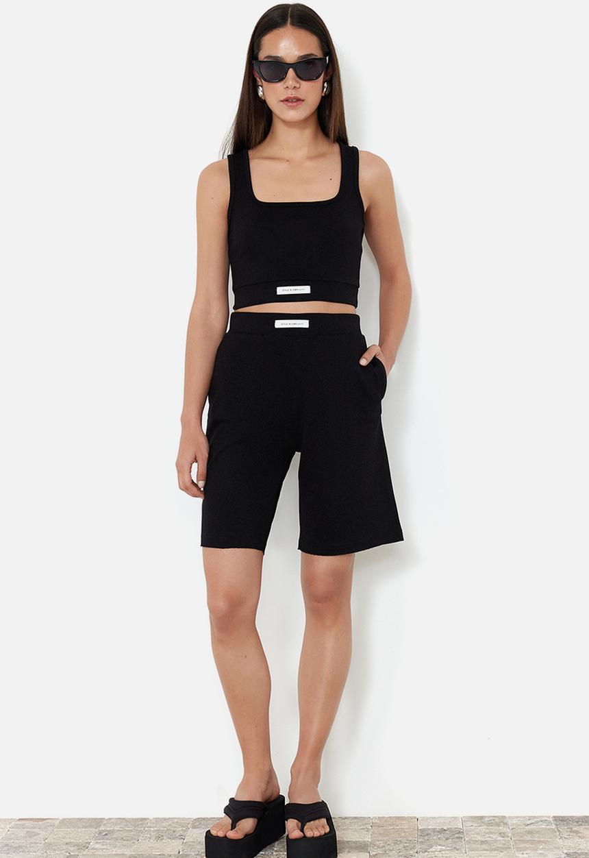 Trendyol - Label detailed soft textured knitted blouse top and bottom set - black