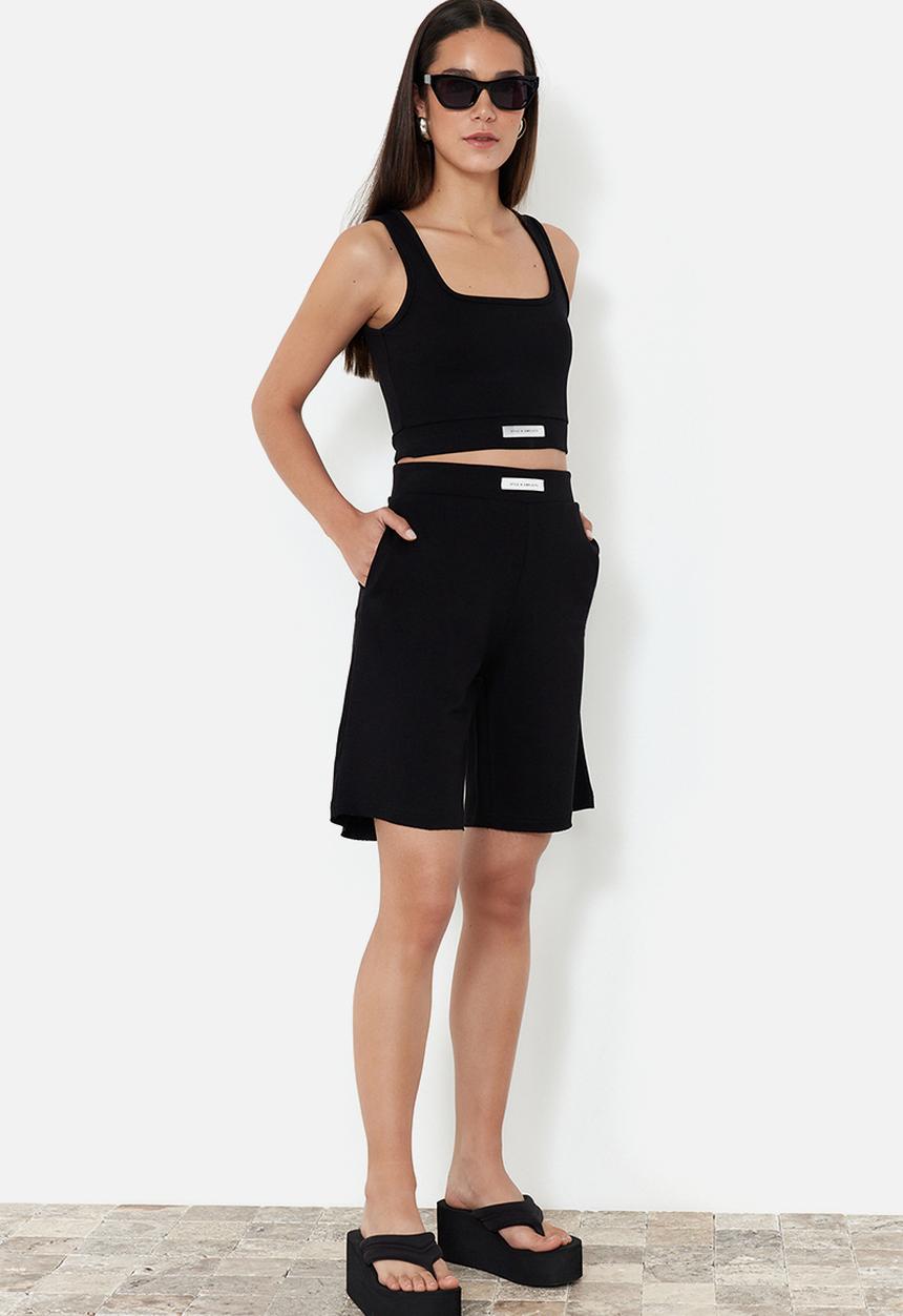 Trendyol - Label detailed soft textured knitted blouse top and bottom set - black