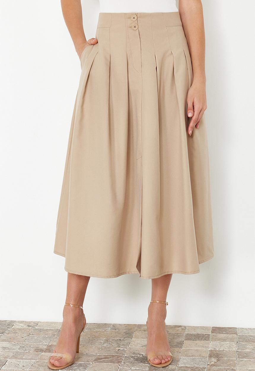 Trendyol - Pleated detailed front buttoned midi length woven skirt - beige
