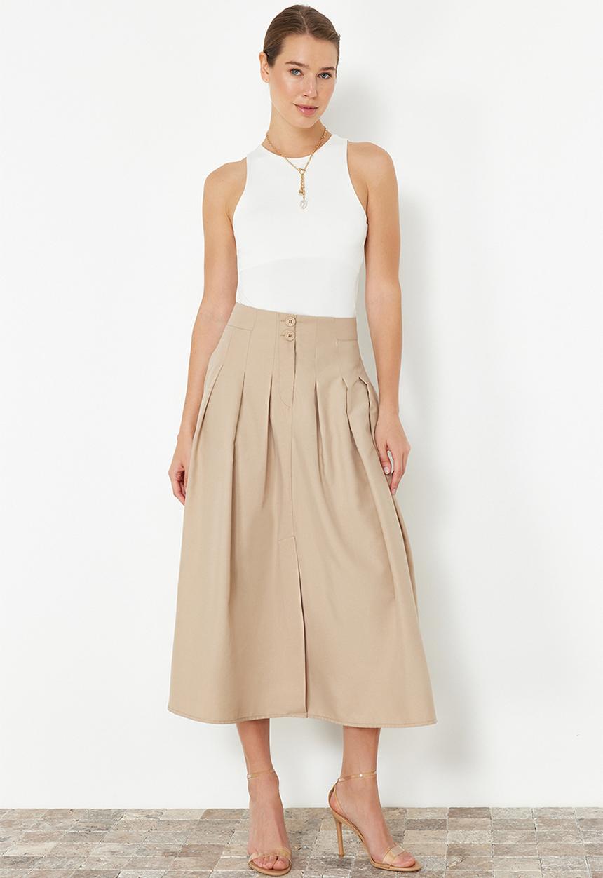 Trendyol - Pleated detailed front buttoned midi length woven skirt - beige