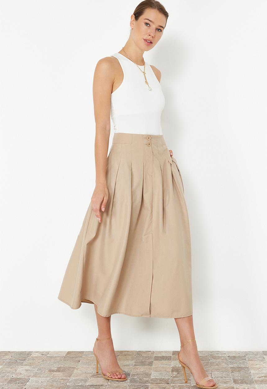 Trendyol - Pleated detailed front buttoned midi length woven skirt - beige