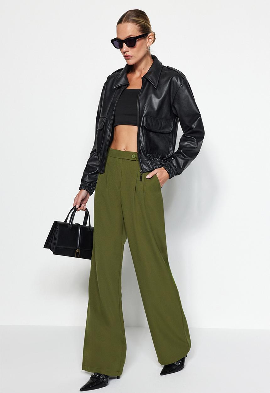 Trendyol - Wide Leg High Waist Woven Trousers - Dark Khaki