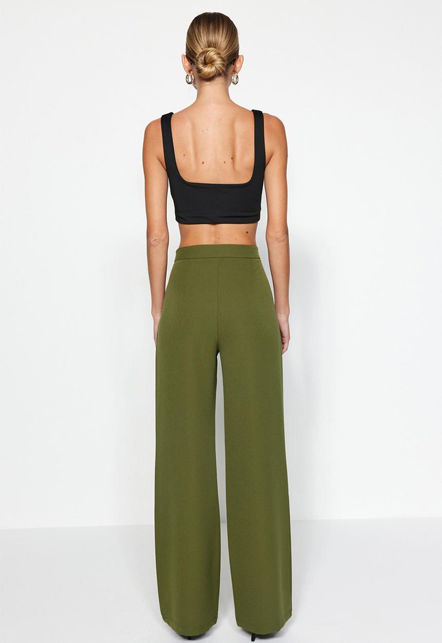 Trendyol - Wide Leg High Waist Woven Trousers - Dark Khaki