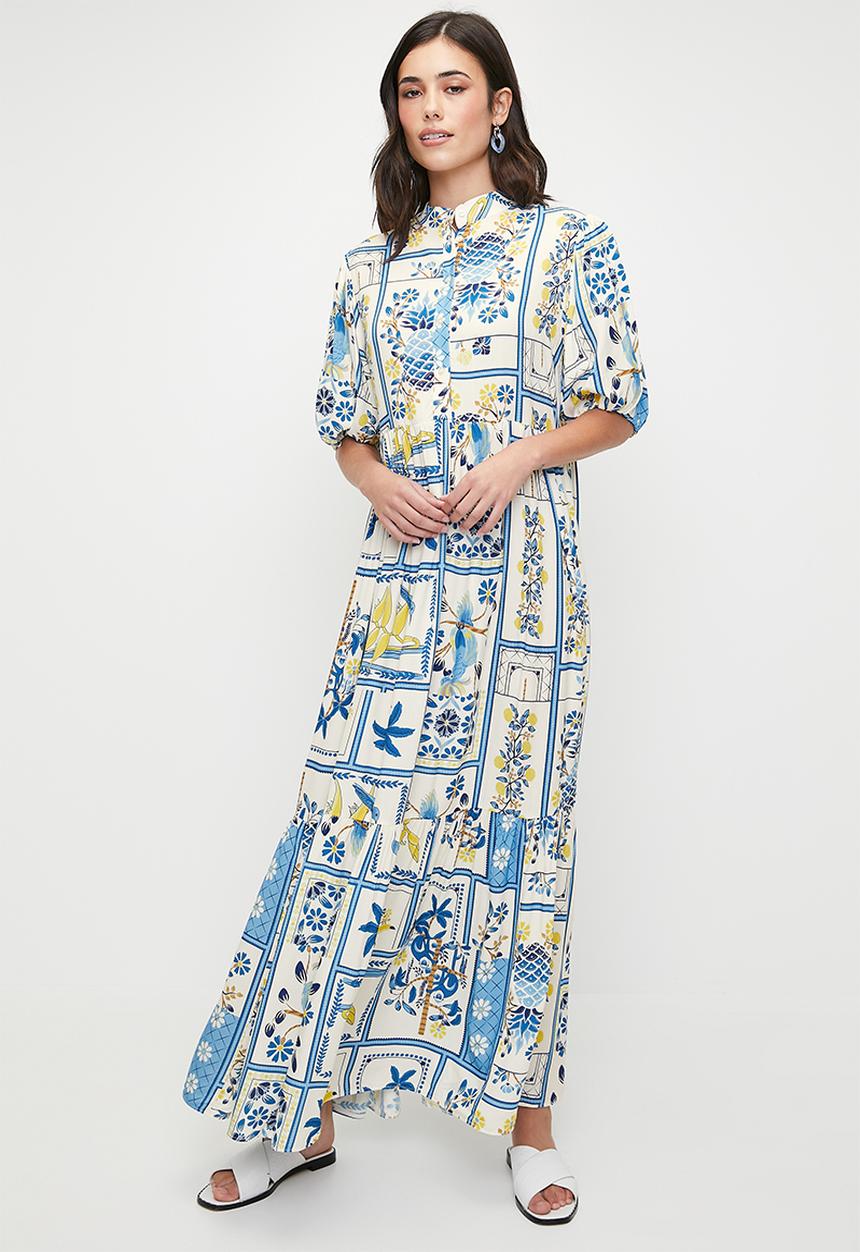 edit - Puff sleeve tiered maxi dress - blues holiday tile