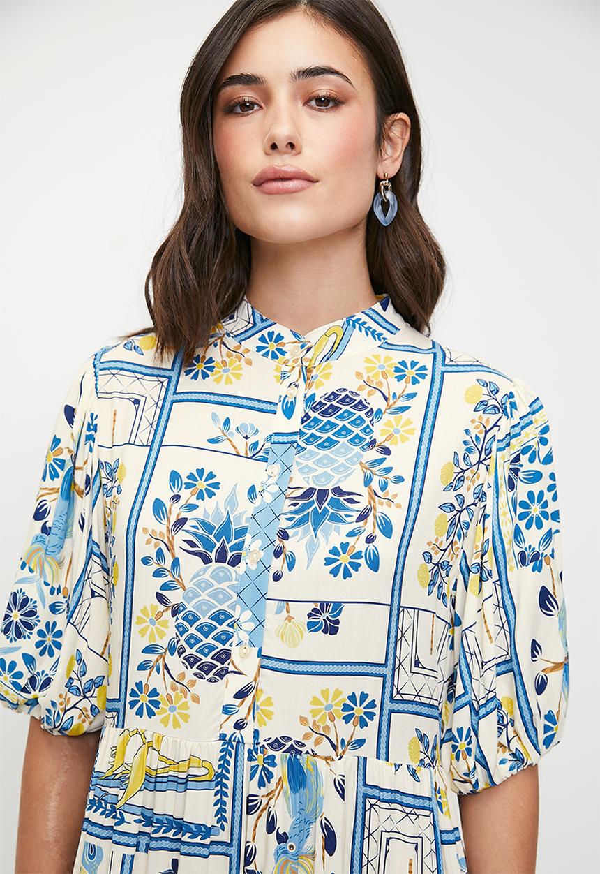 edit - Puff sleeve tiered maxi dress - blues holiday tile
