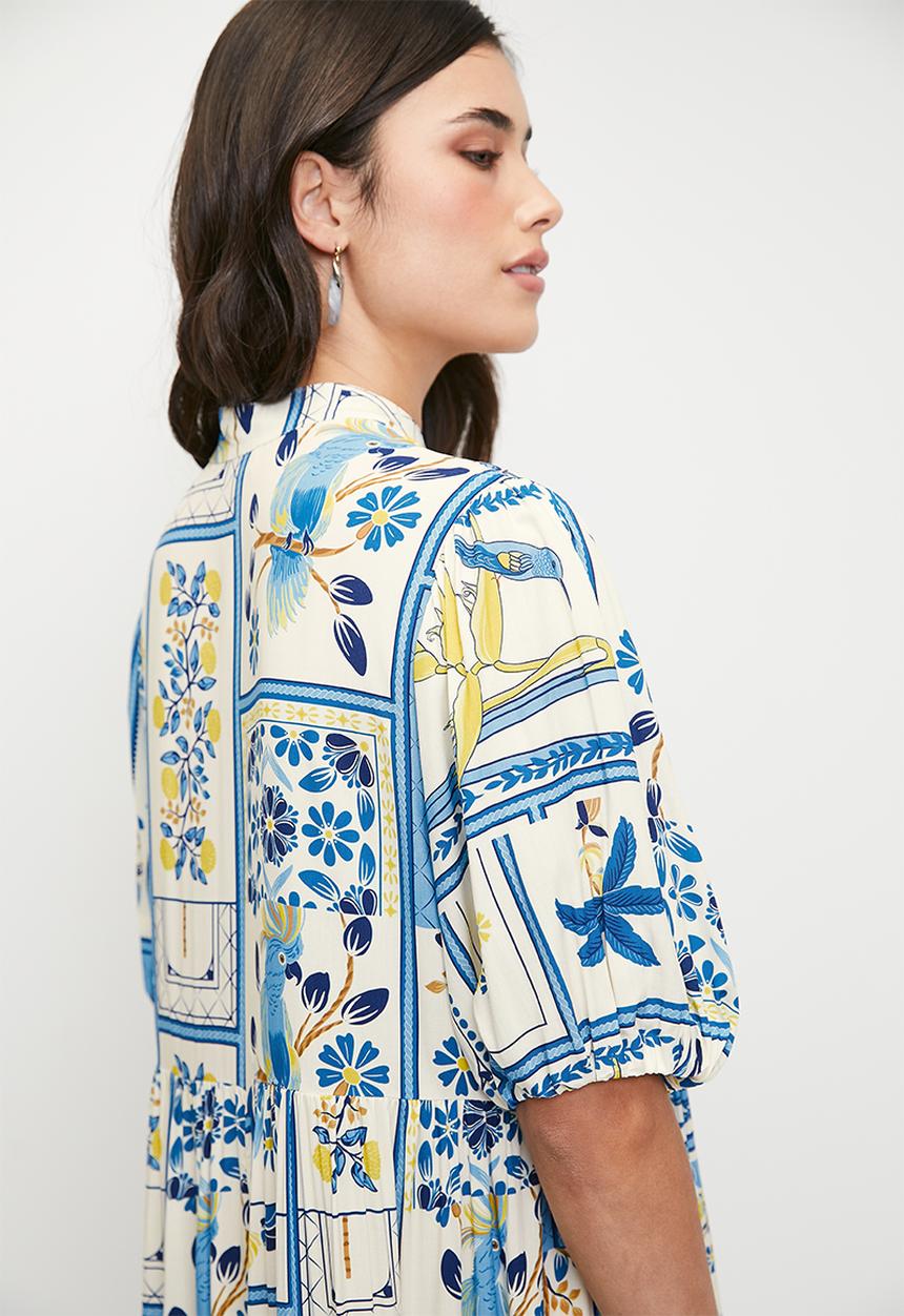 edit - Puff sleeve tiered maxi dress - blues holiday tile