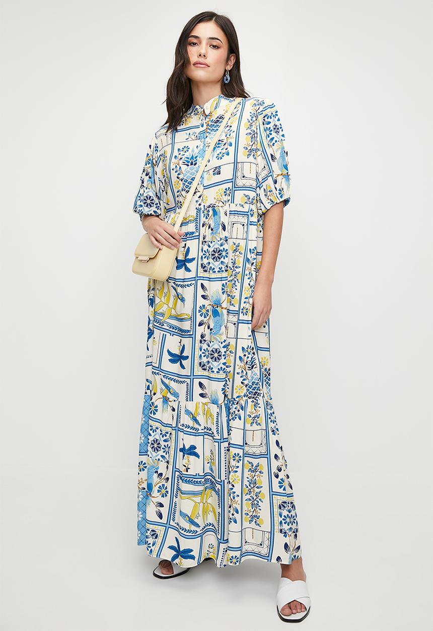 edit - Puff sleeve tiered maxi dress - blues holiday tile