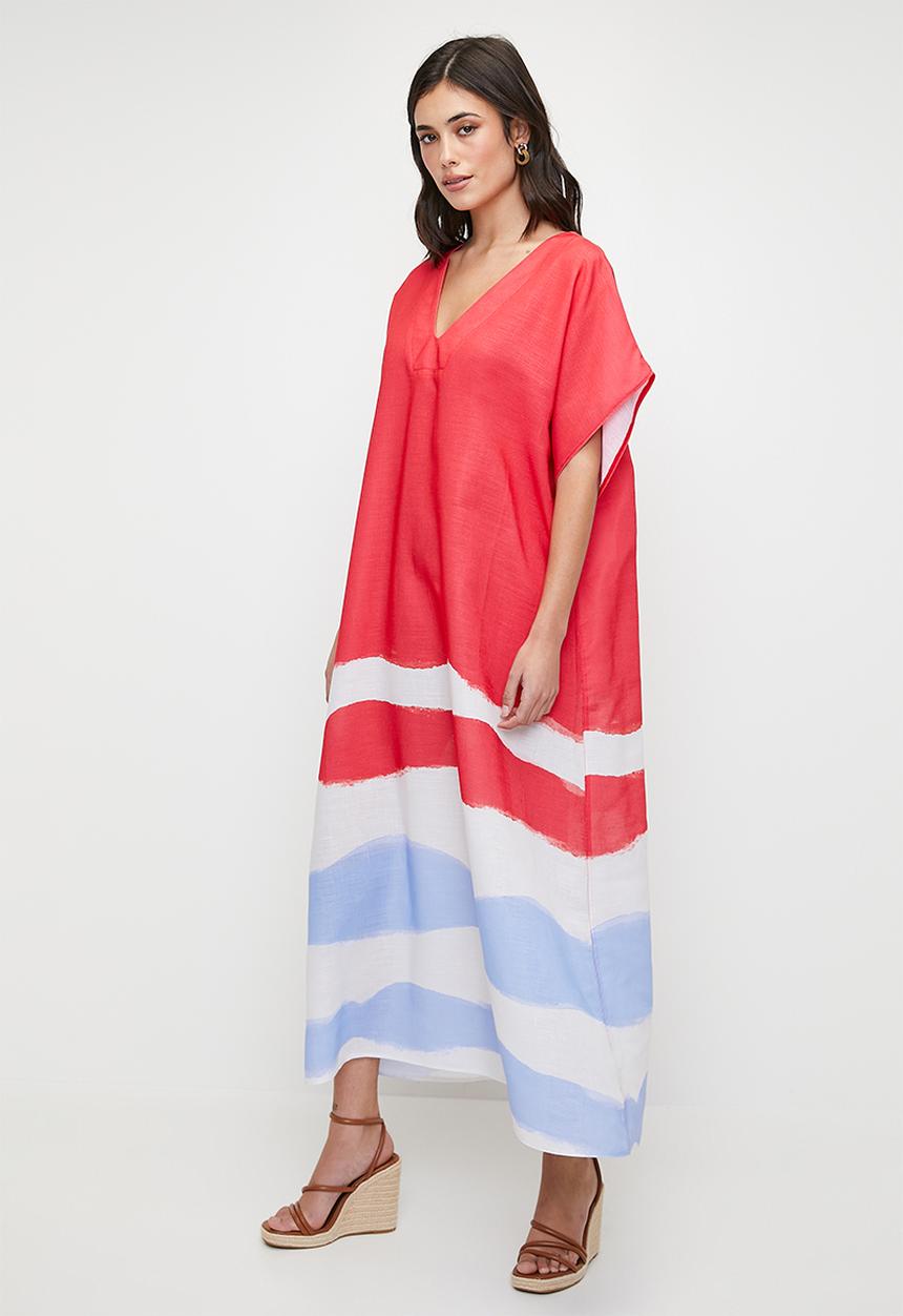 edit - Linen blend maxi tunic dress - red colour blocked waves single border