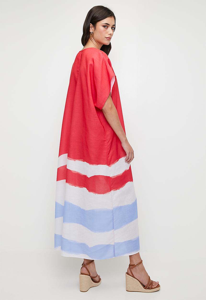 edit - Linen blend maxi tunic dress - red colour blocked waves single border