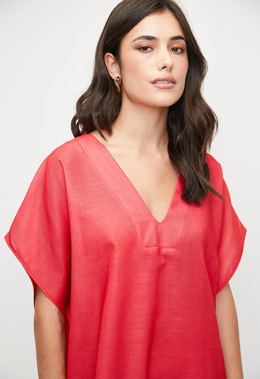 edit - Linen blend maxi tunic dress - red colour blocked waves single border