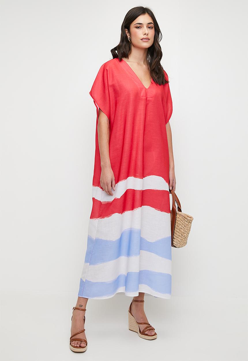 edit - Linen blend maxi tunic dress - red colour blocked waves single border