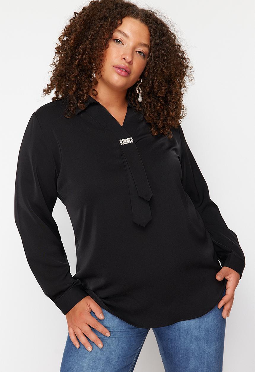 Trendyol - Woven Plus Size Stone Shirt Collar Blouse - Black