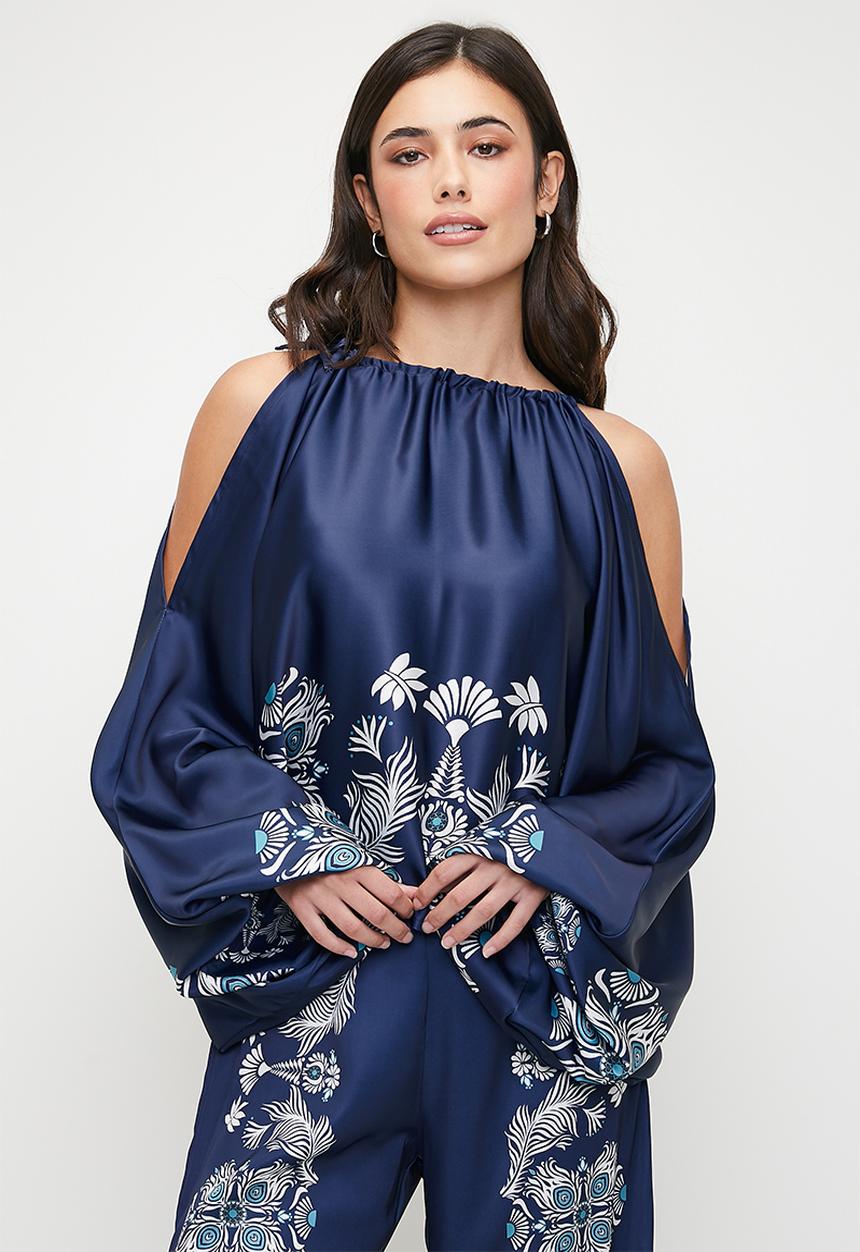 edit - Cold shoulder gauged neck blouse - bold silhouette floral