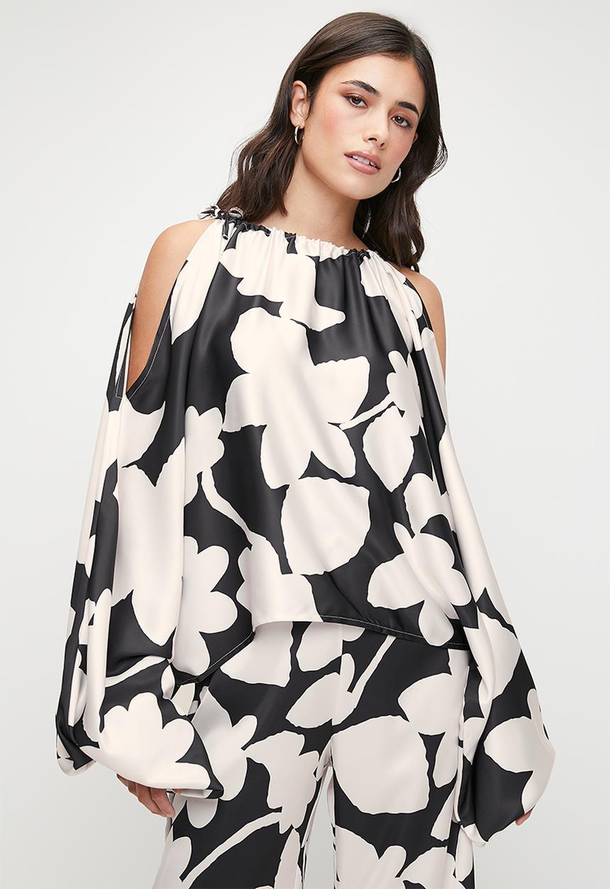 edit - Cold shoulder gauged neck blouse - mono floral