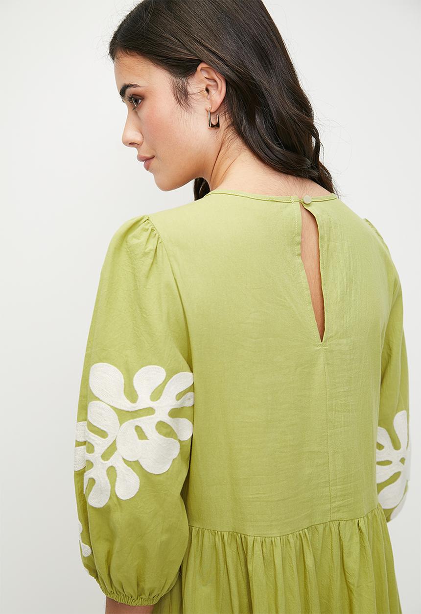 edit - Embroidery midi babydoll dress - kelp forest