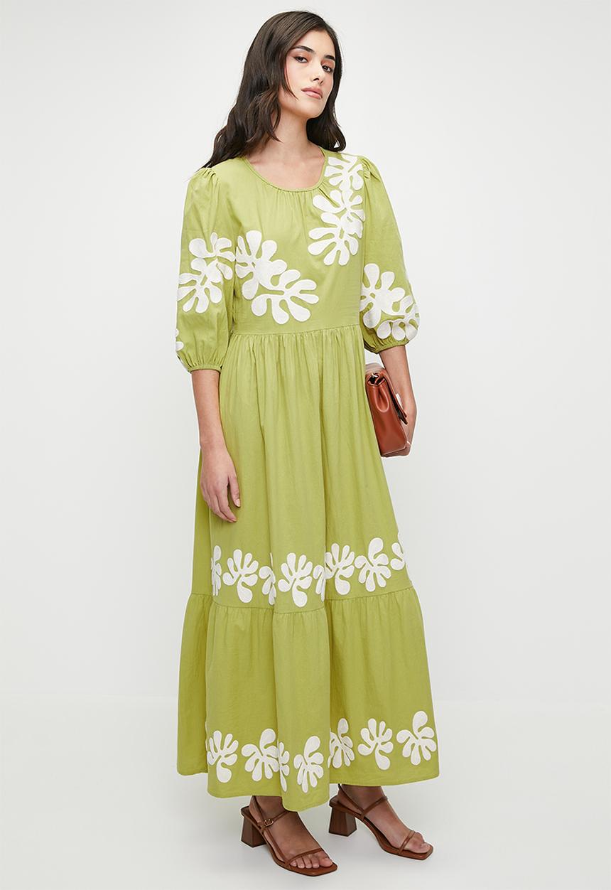 edit - Embroidery midi babydoll dress - kelp forest