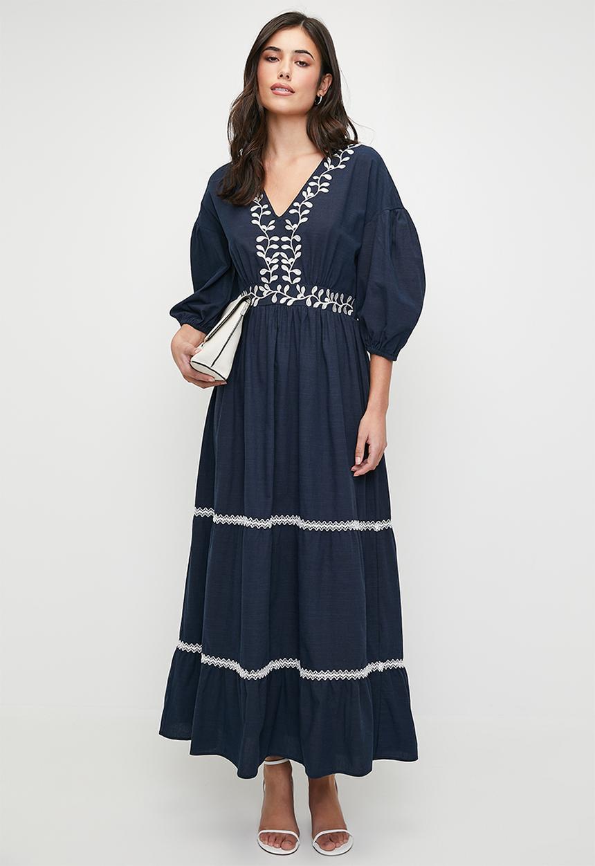 edit - Embroidery empire tiered maxi dress - navy/milk