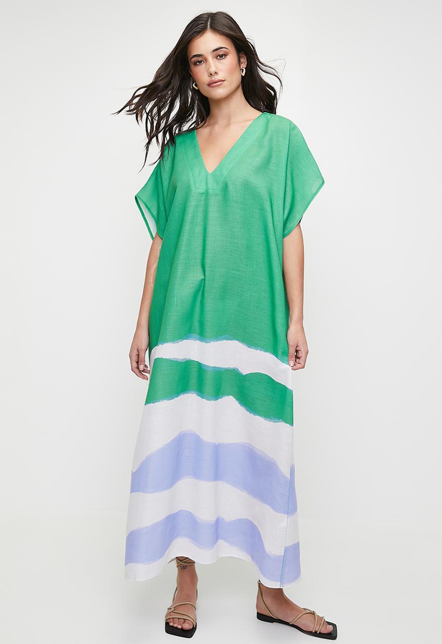 edit - Linen Blend Maxi Tunic Dress - Green Colour Blocked Waves Single Border