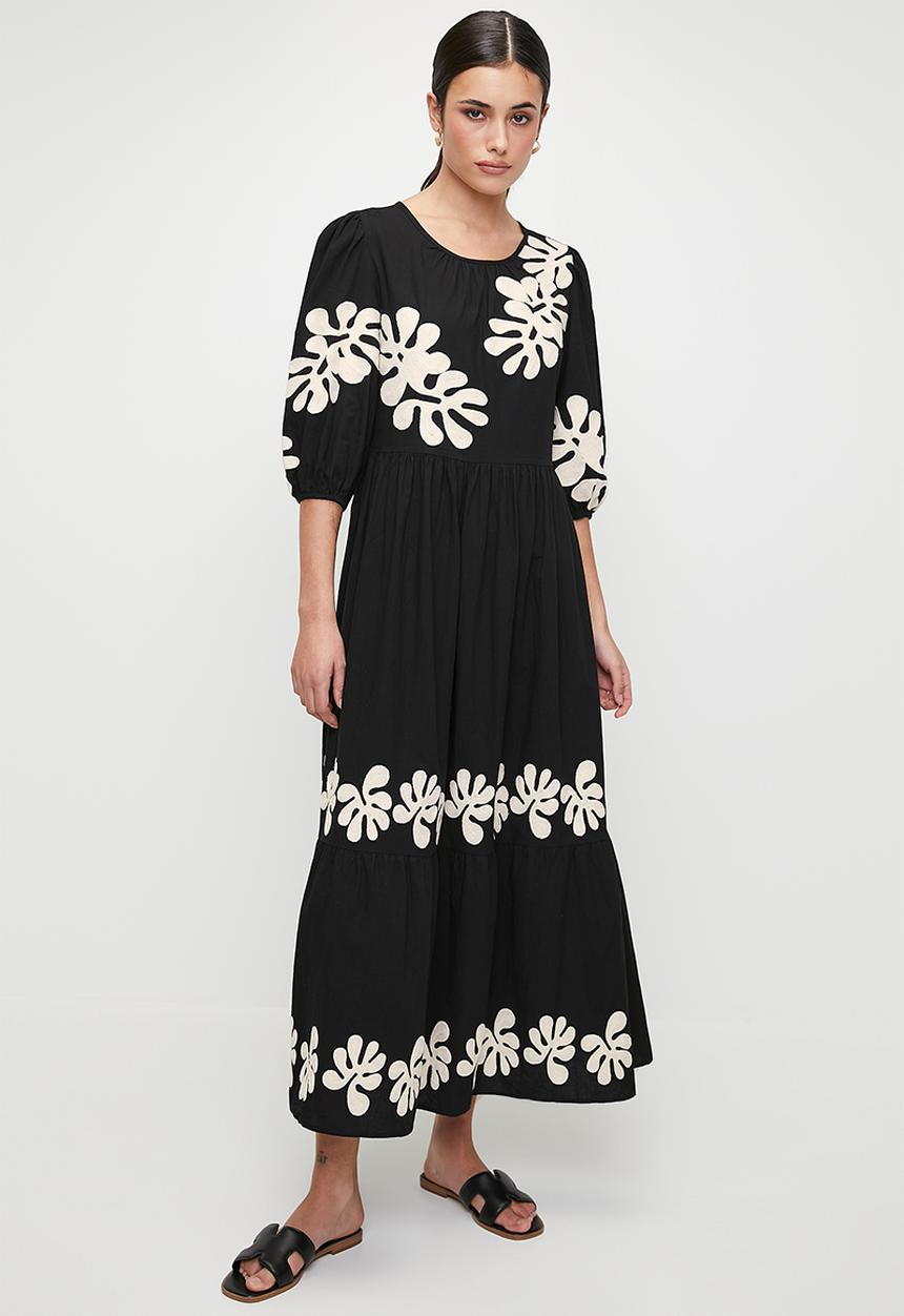 edit - Embroidery midi babydoll dress - black