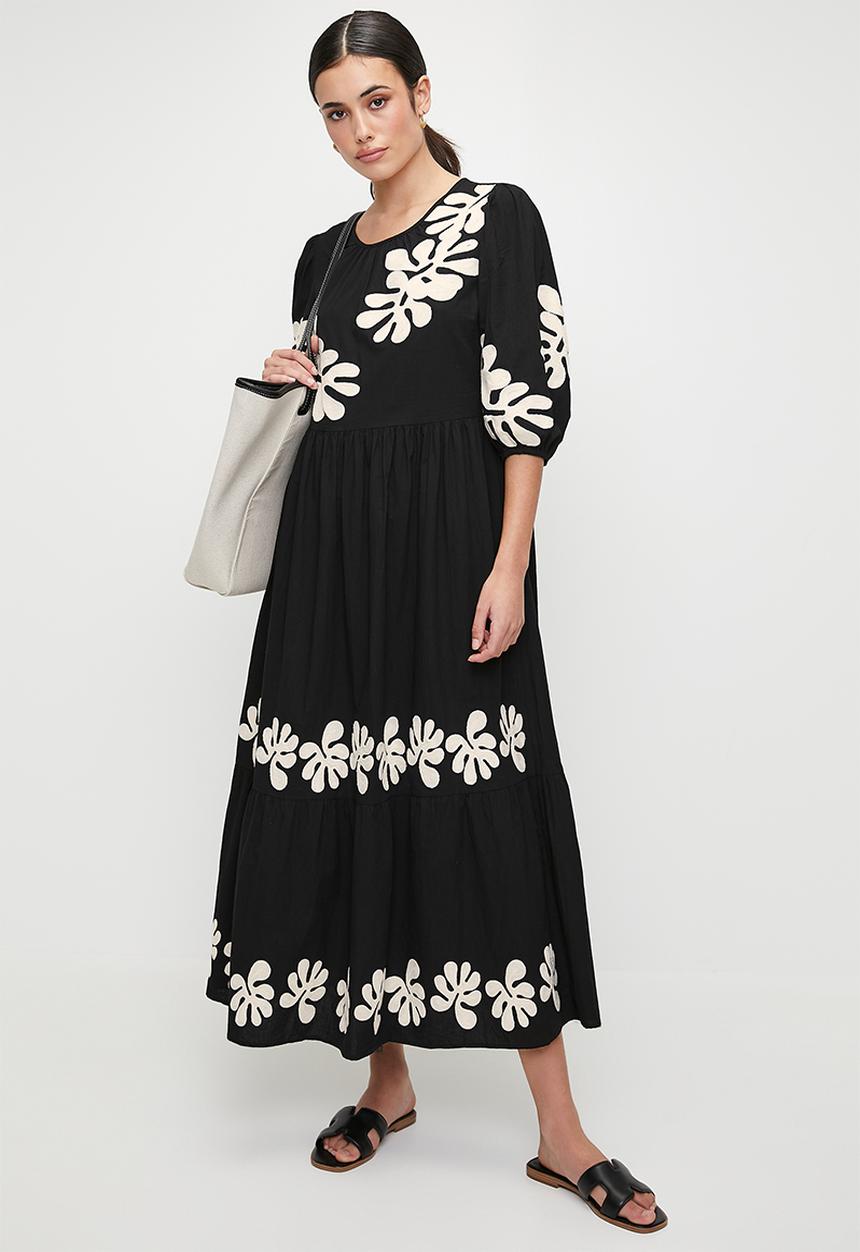 edit - Embroidery midi babydoll dress - black