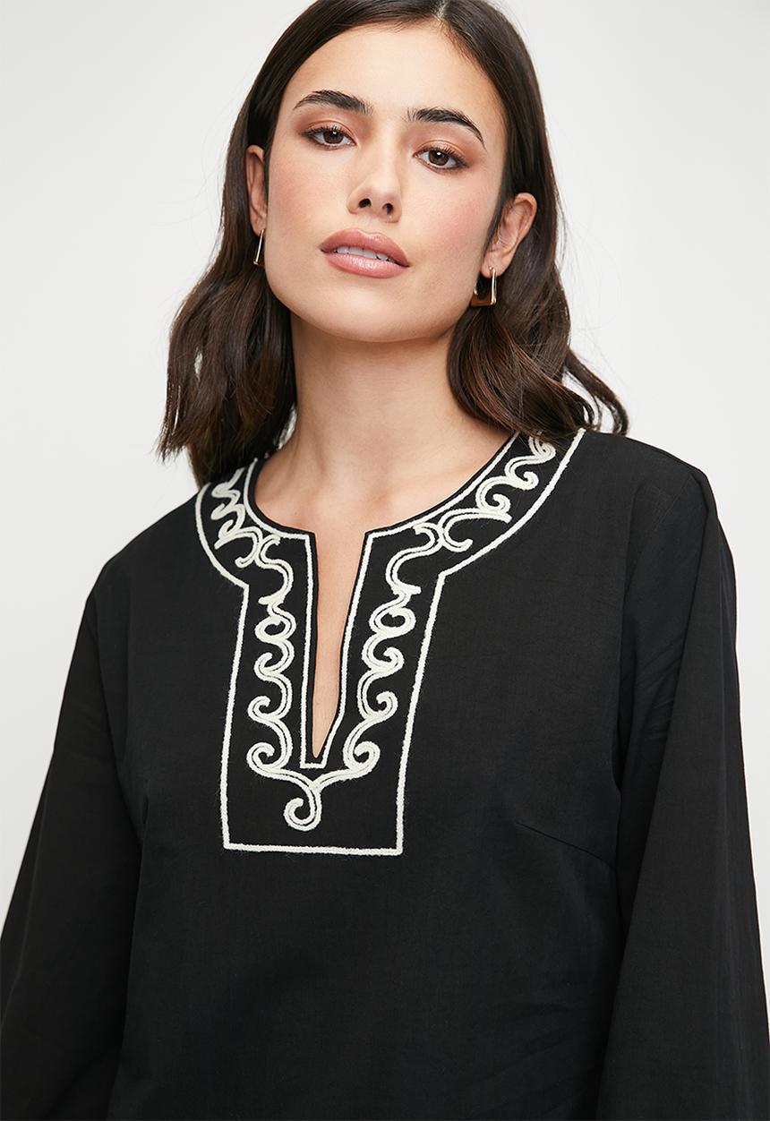 edit - Embroidery shift dress - black & natural