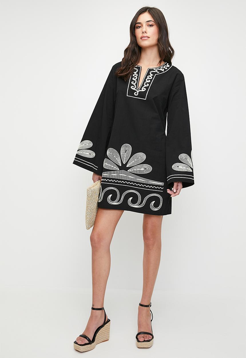 edit - Embroidery shift dress - black & natural