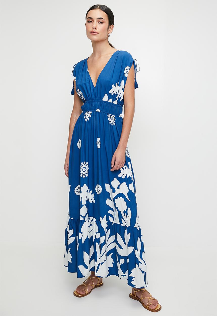 edit - Empire maxi with tassel trim - strong blue & milk single border