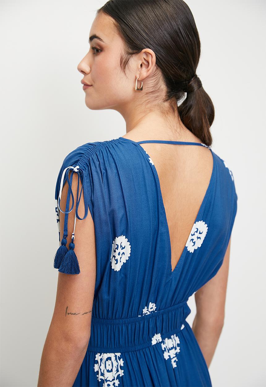 edit - Empire maxi with tassel trim - strong blue & milk single border