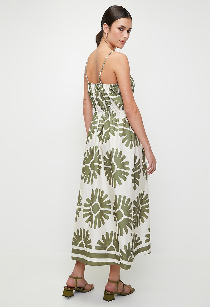 edit - Linen blend fit & flare cami midi dress - green falling fans dbl border