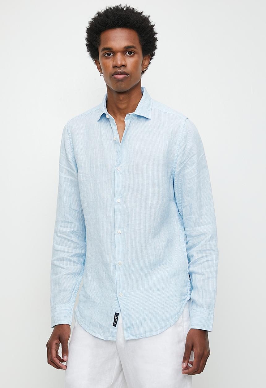 Superdry. - Casual Linen Long Sleeve Shirt - Seafoam Blue Stripe